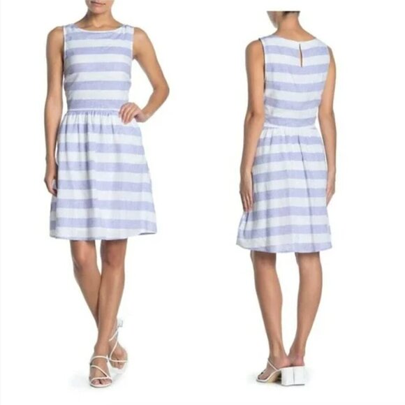 Beachlunchlounge Blue & White Stripe Fit & Flare Summer Dress L - Picture 1 of 6